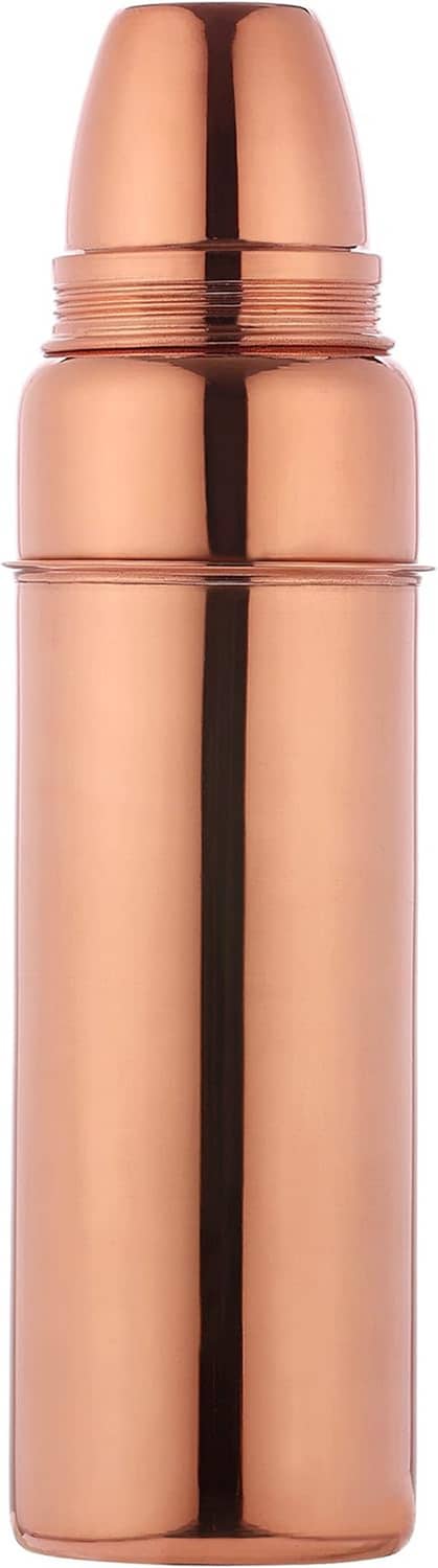 Copper water bottle with screw-on lid, smooth cylindrical body