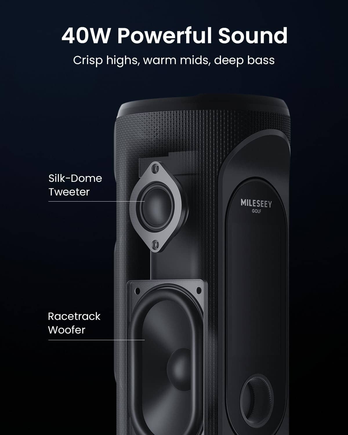 Black golf speaker with visible tweeter and woofer drivers