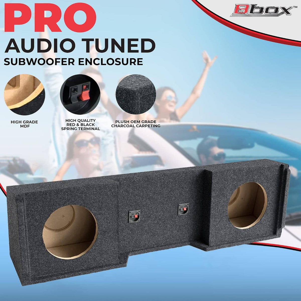 Gray subwoofer enclosure with two circular speaker ports and two small terminal switches.