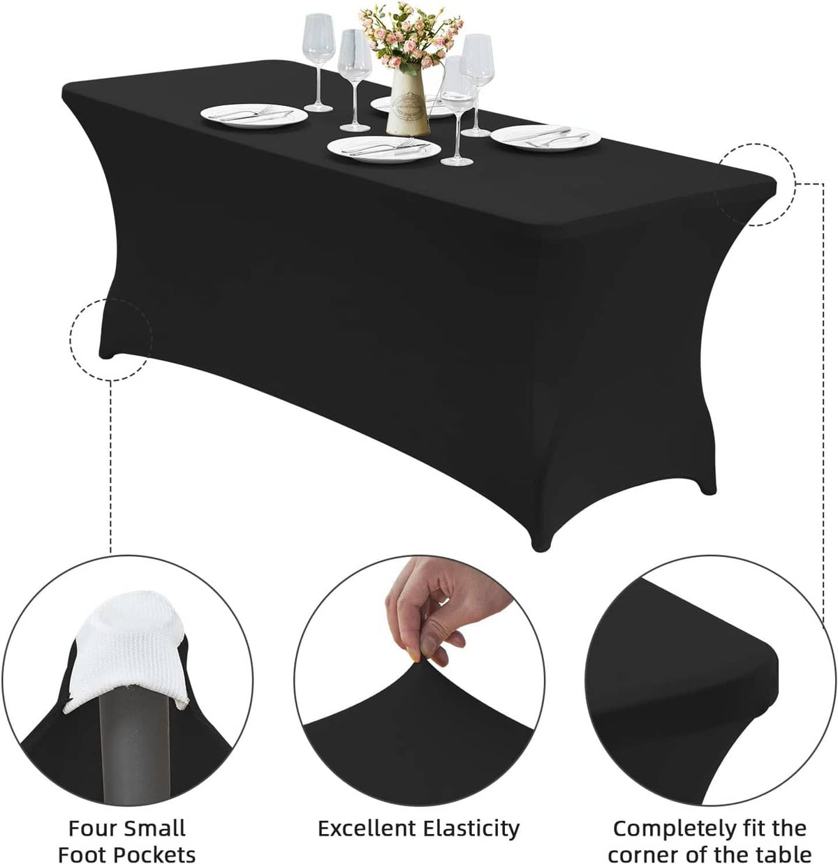 Black elastic table cover skirt with corner fit detail and gathered edge