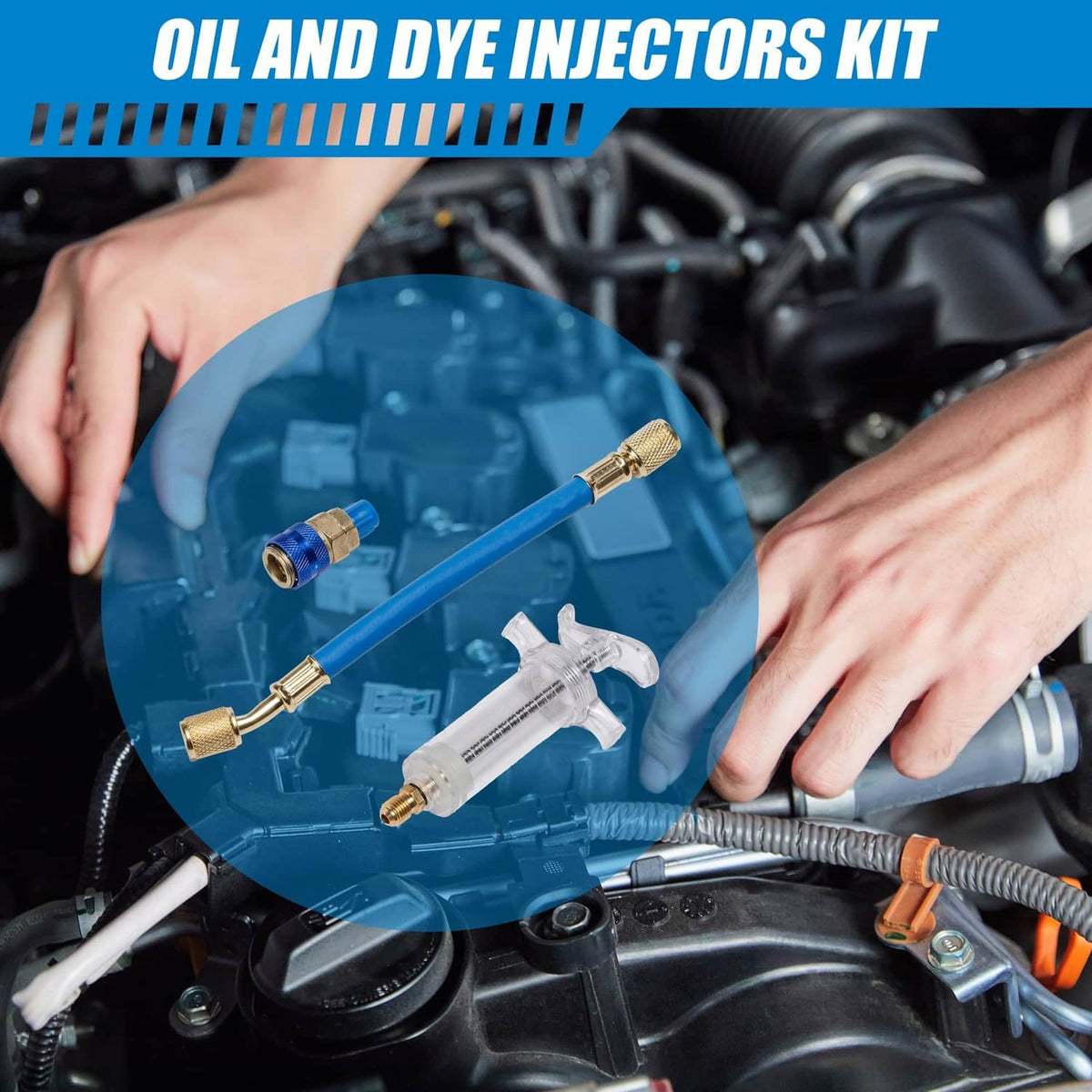 Car AC injector kit with blue hose and brass connectors