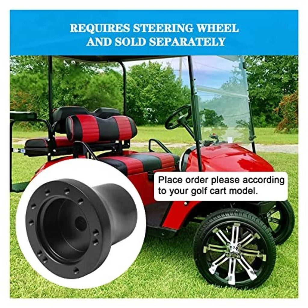 Black steering wheel adapter plate and hub for golf cart shown with inset view