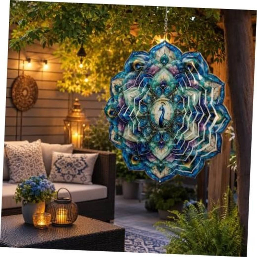 12-inch peacock wind spinner with blue-purple feathered fan design, hanging outdoors