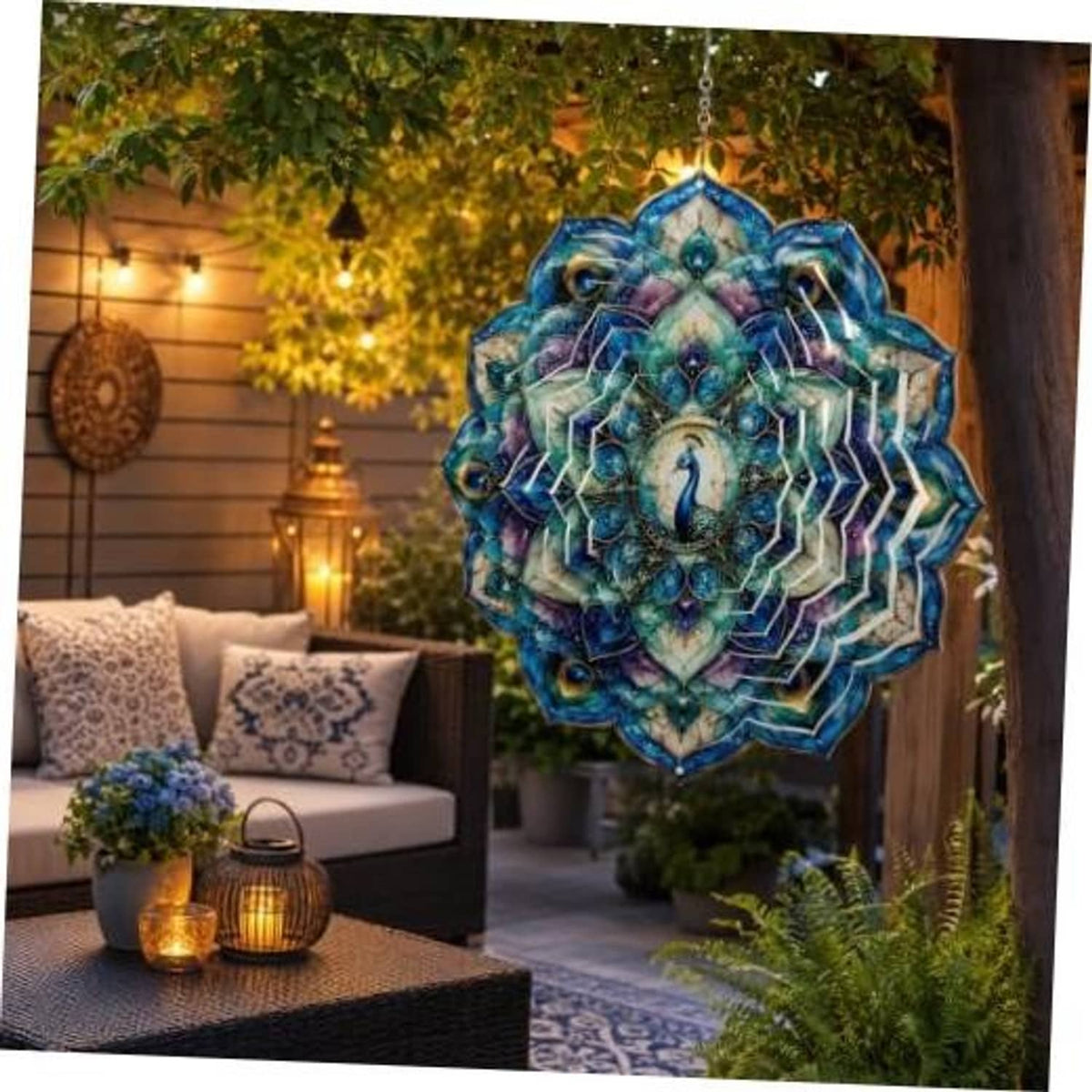 12-inch peacock wind spinner with blue-purple feathered fan design, hanging outdoors