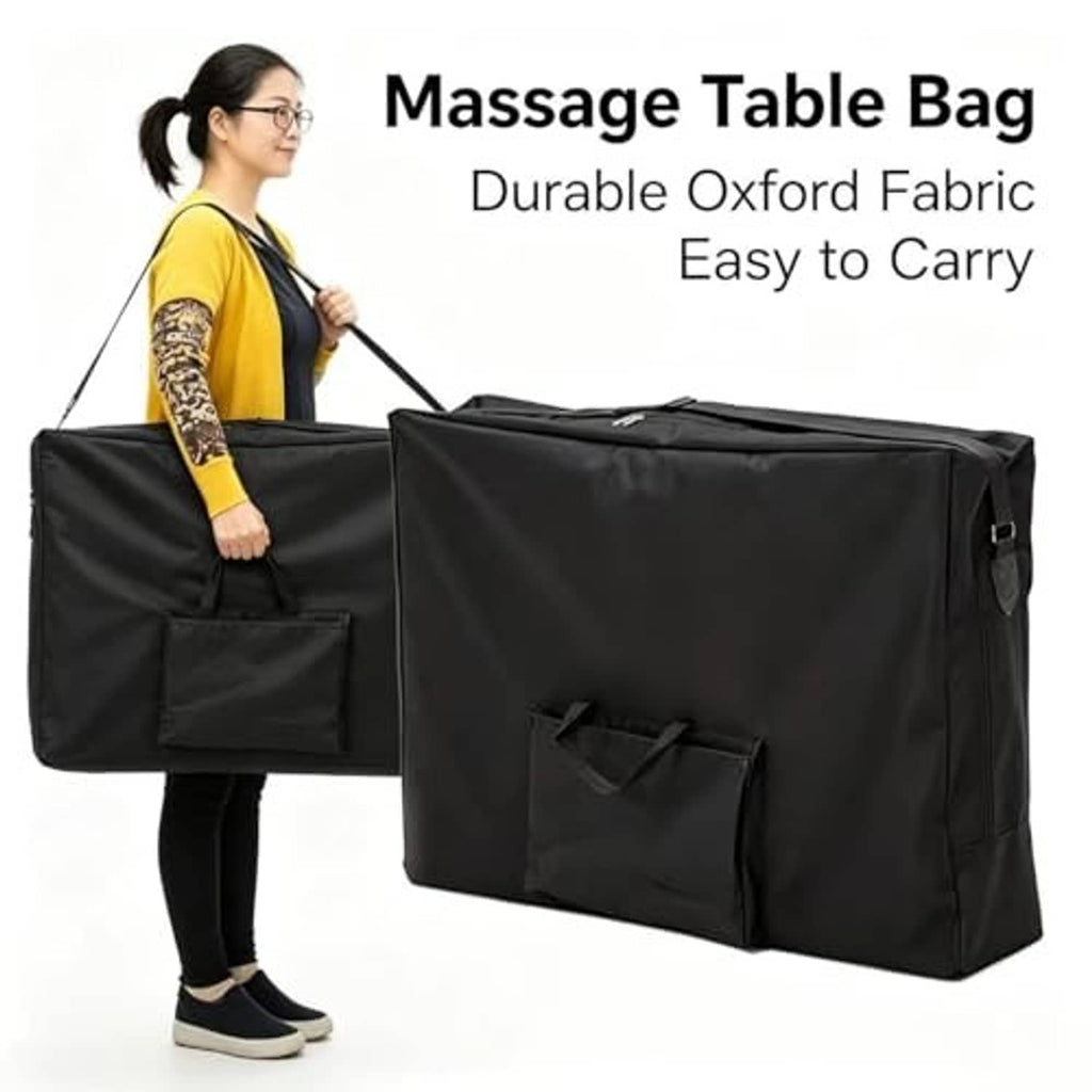 Black massage table bag with shoulder straps and large front pocket for accessories