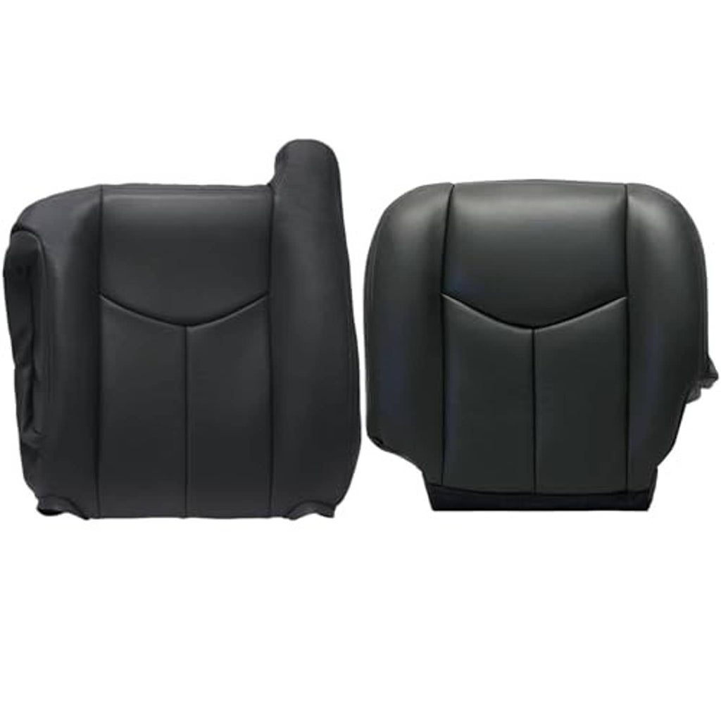 Dark gray leather seat cover set, contoured bucket cushions with stitched center seam