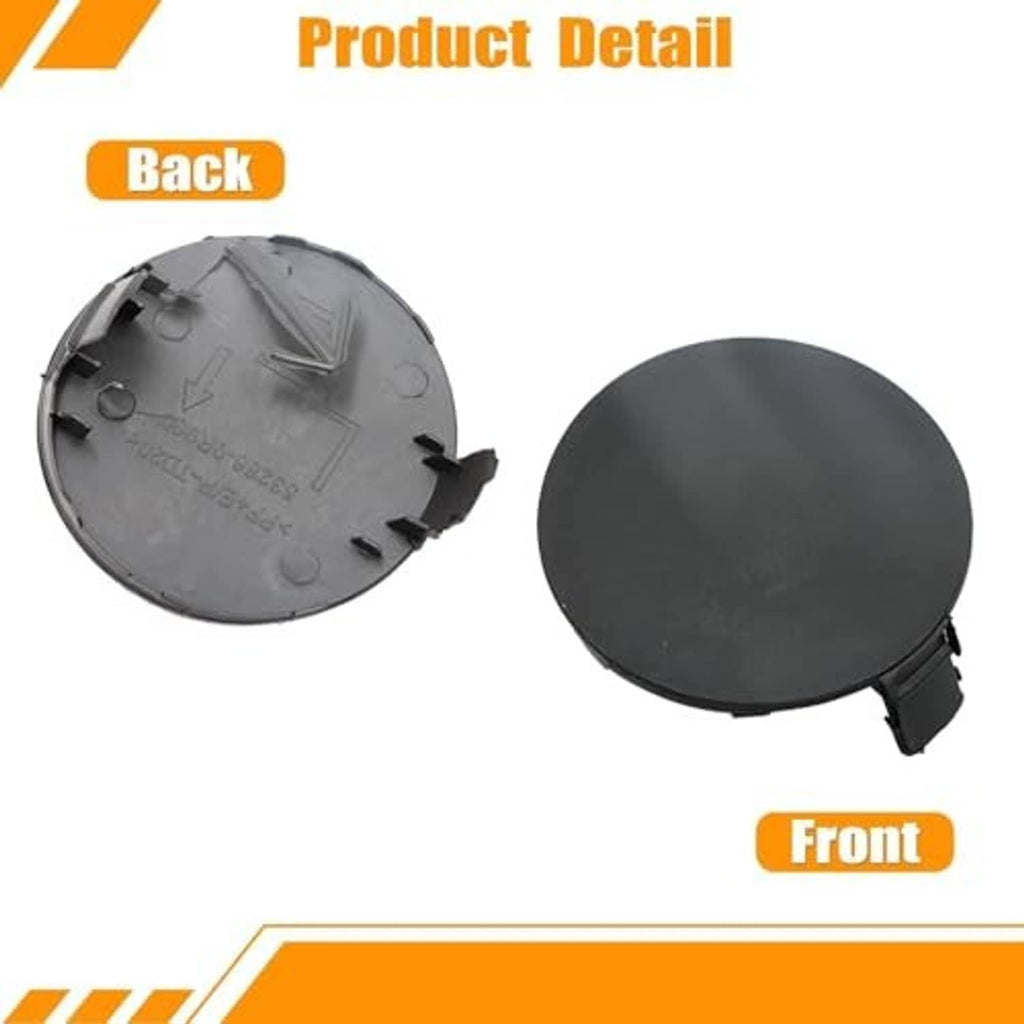 Front bumper tow hook cover caps with backs shown, black round covers and tabs