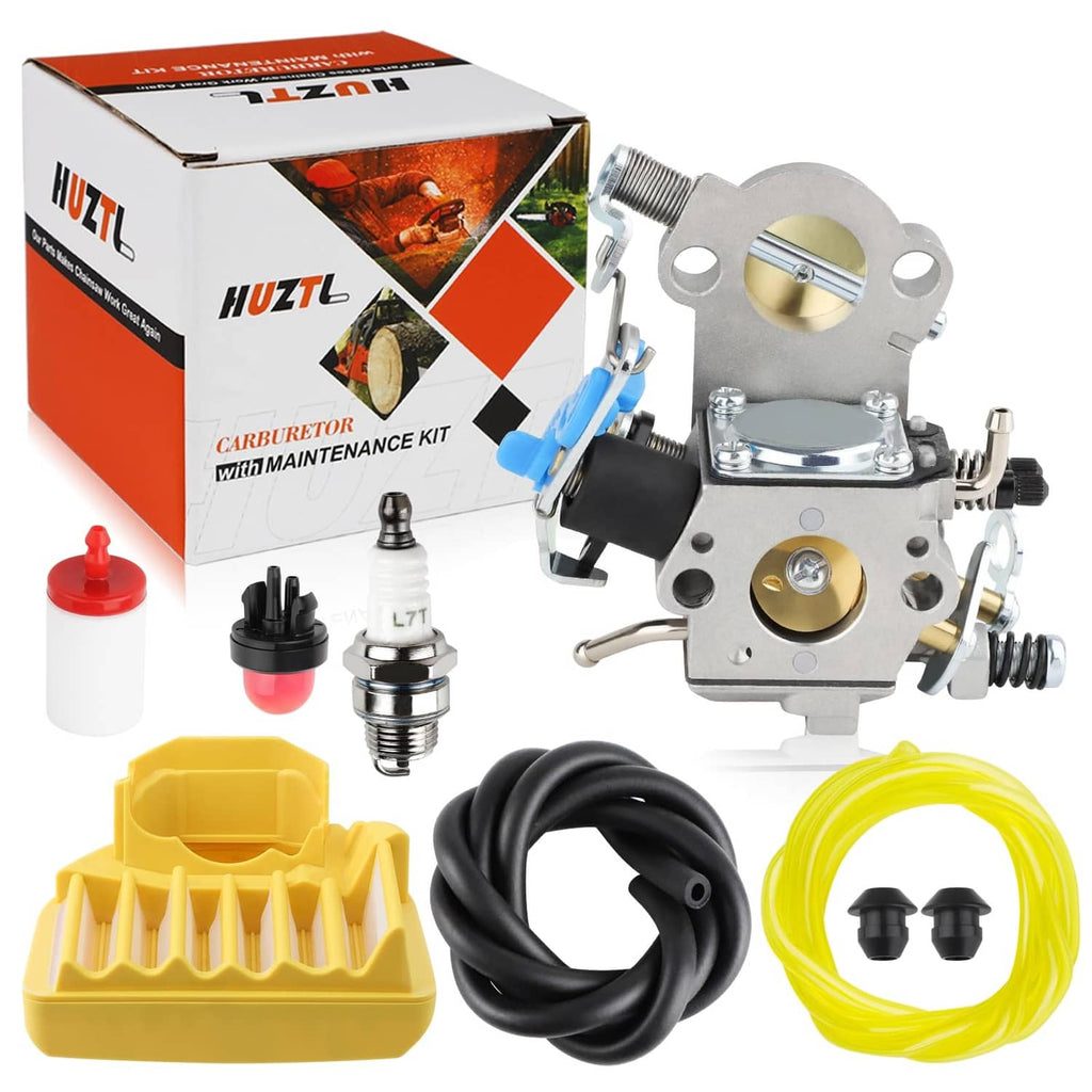 Carburetor maintenance kit with grey carburetor, hoses, fittings, and yellow storage case