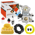Carburetor maintenance kit with grey carburetor, hoses, fittings, and yellow storage case