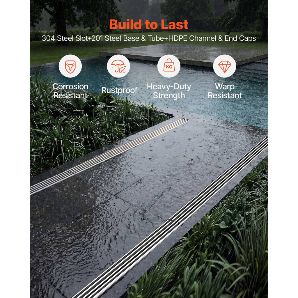 Linear trench drain on patio surface with steel grate strip and black channel base