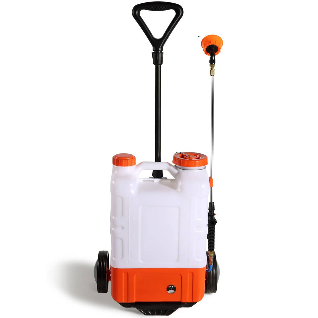 Compact wheeled battery sprayer cart with black handle, orange base, and twin nozzles
