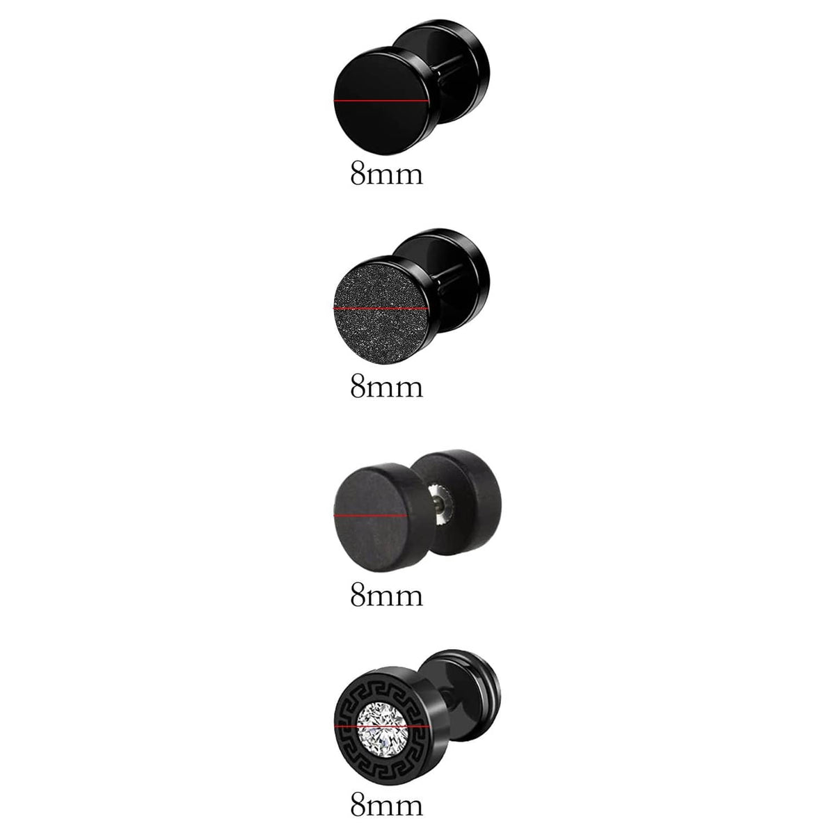 Black round 8mm stud earrings with smooth, textured, and engraved face details