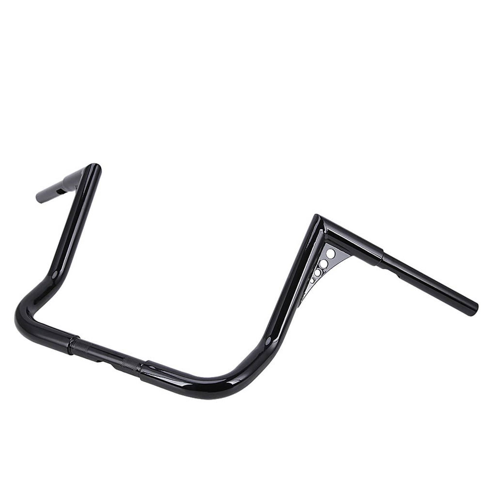 Black motorcycle handlebar with curved shape and raised ends, visible mounting plate holes