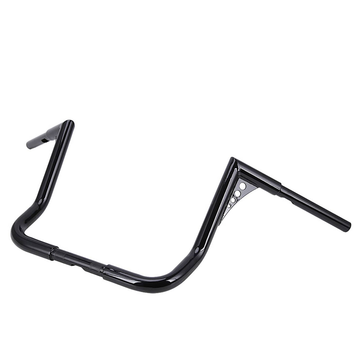 Black motorcycle handlebar with curved shape and raised ends, visible mounting plate holes