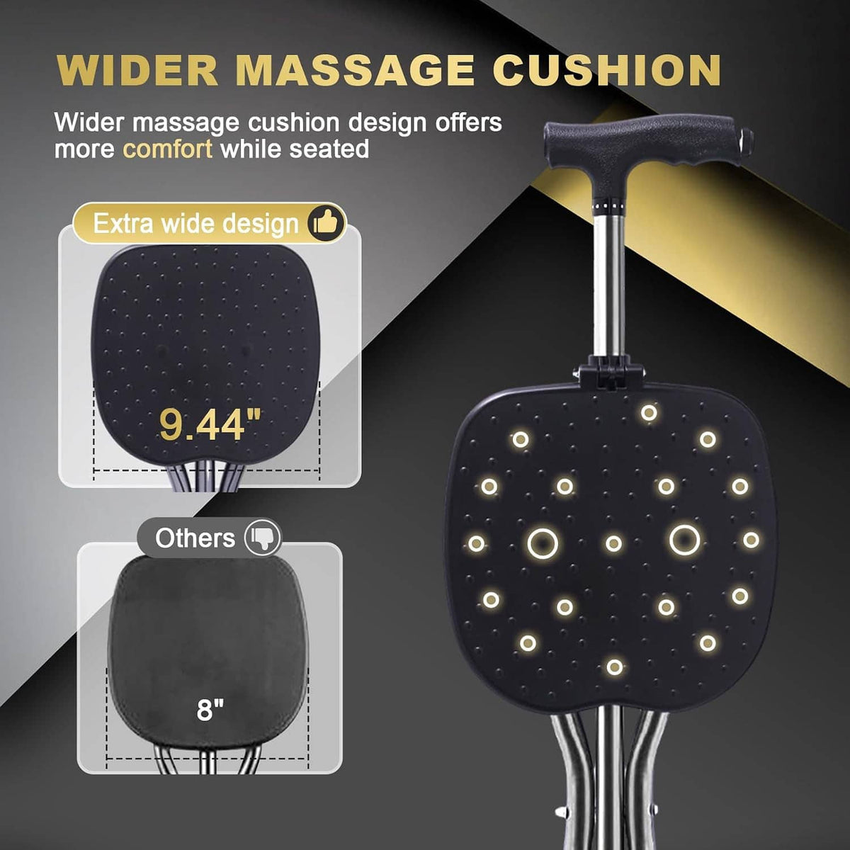 Folding walking cane seat with wide dark cushioned pad and dotted texture