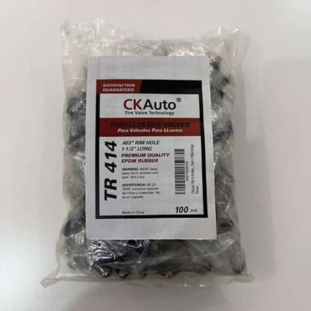 Sealed bag of snap-in tire valve stems with black rubber and gold brass