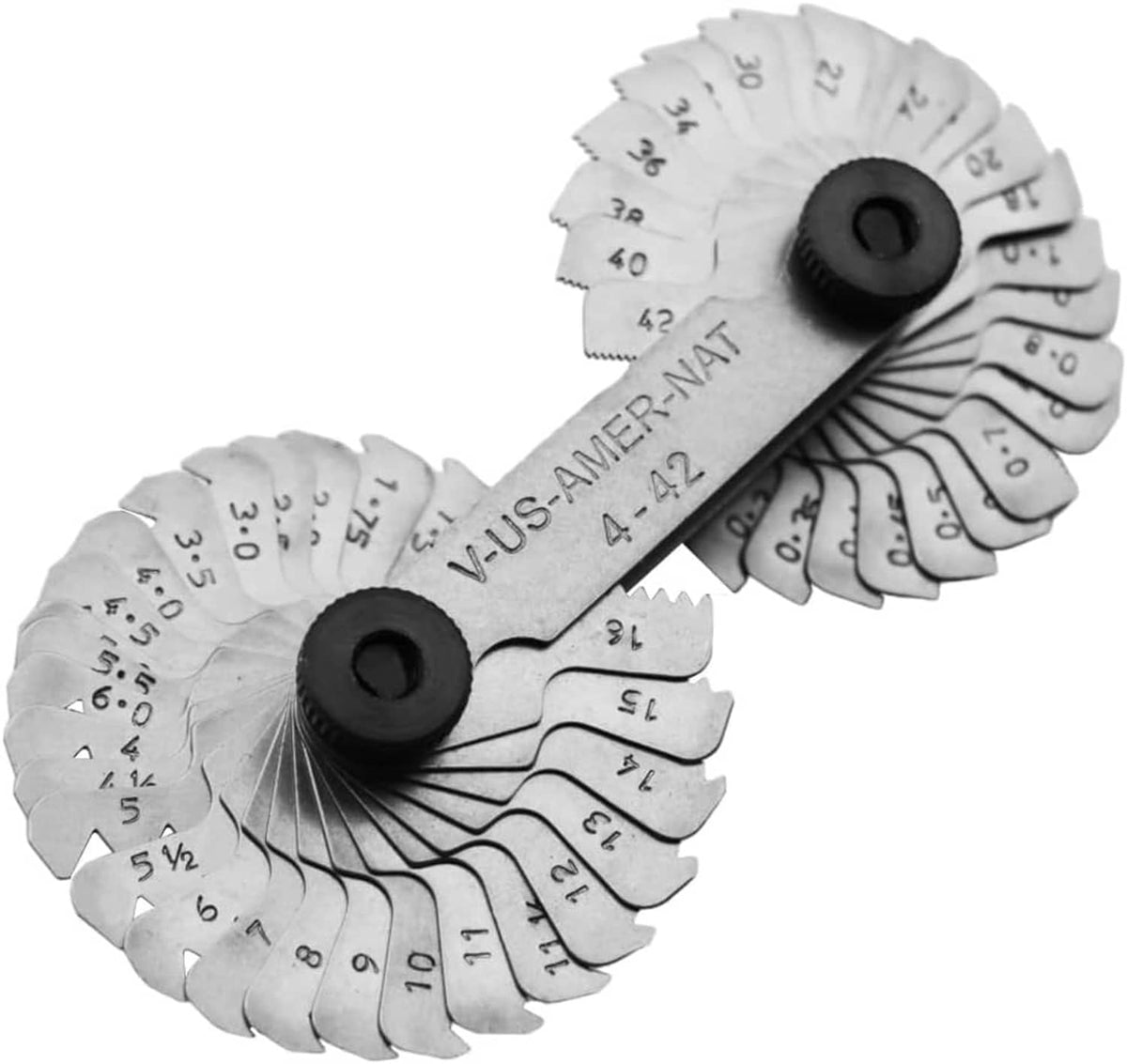 Thread pitch gauge tool with engraved US- and SAE-marked measuring blades