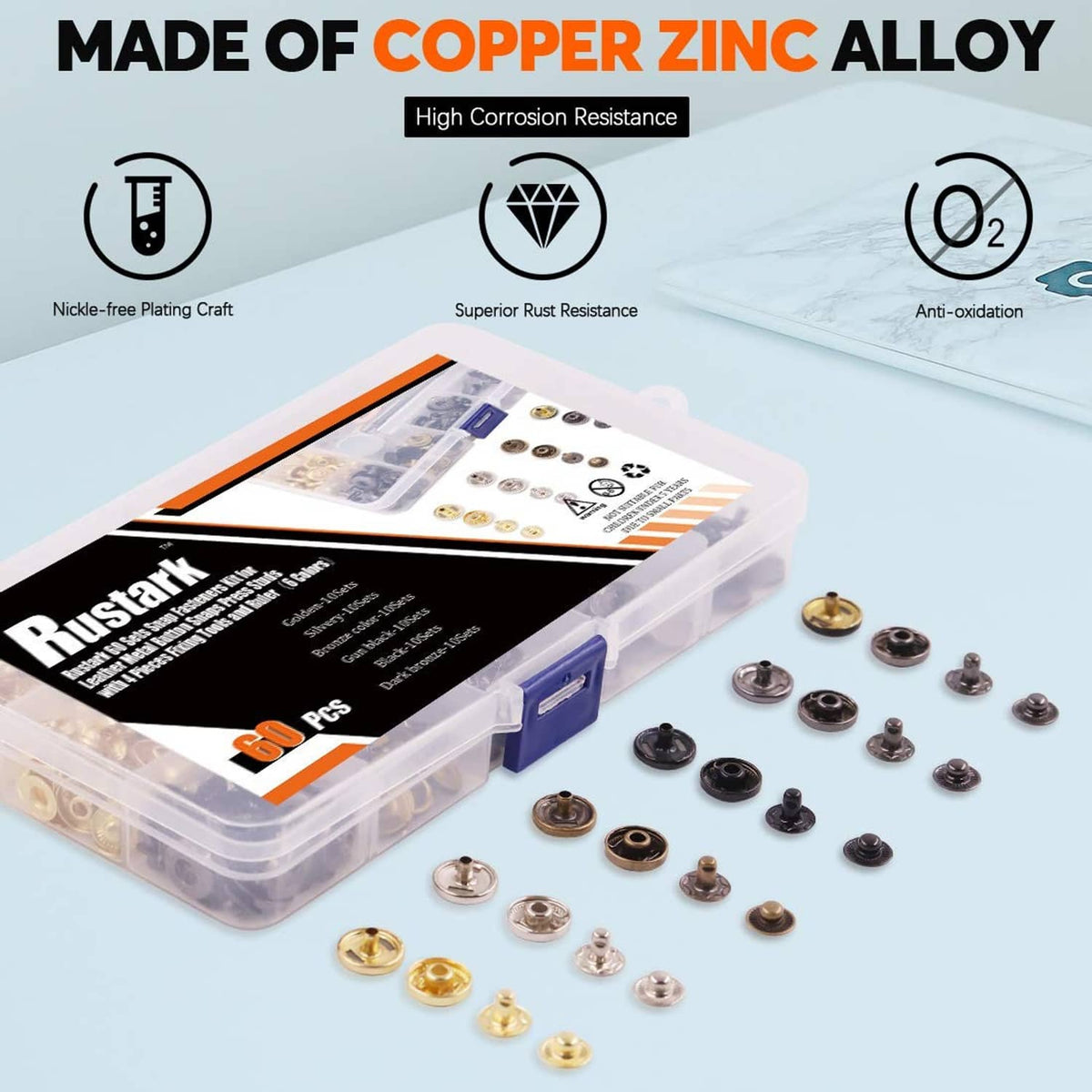 Snap fastener kit with copper-zinc alloy snaps in clear plastic storage case