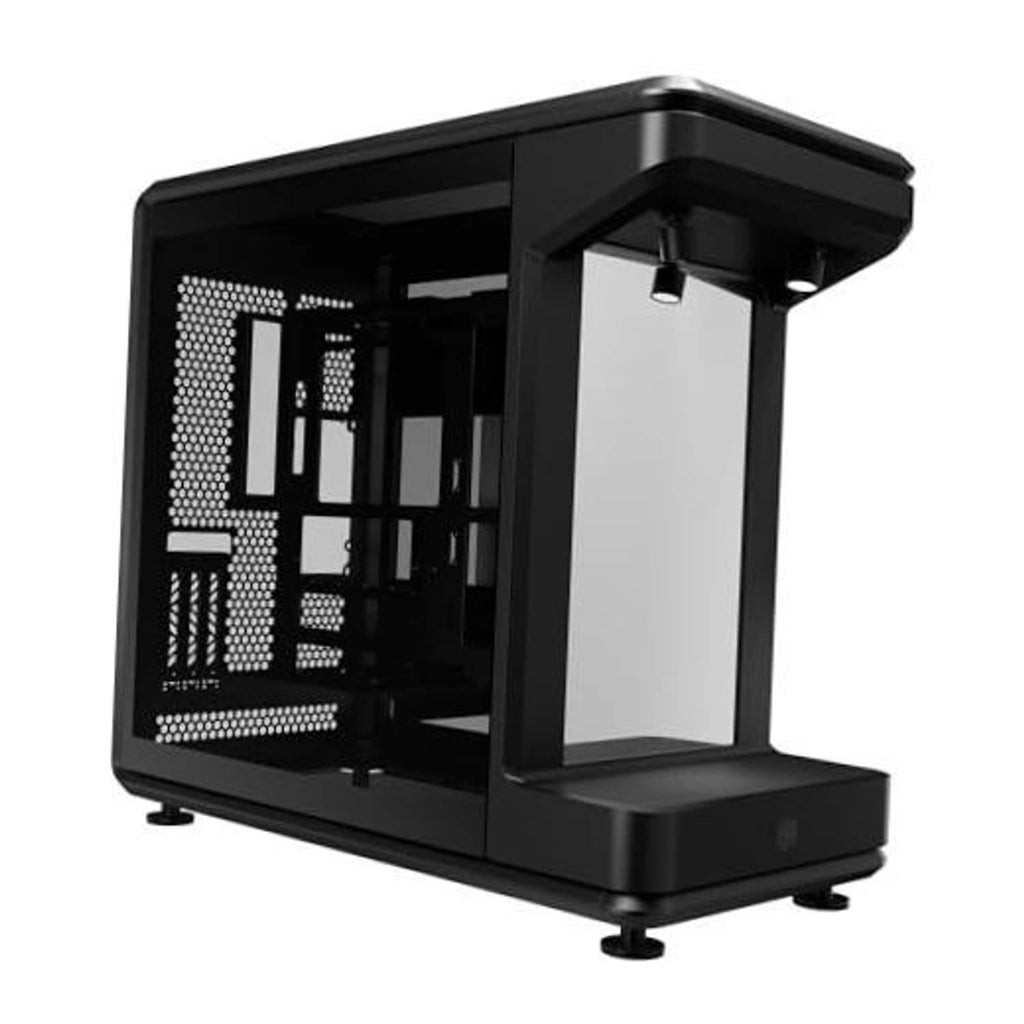 Black ATX mid-tower PC case with front mirror window and perforated side panel