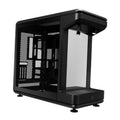 Black ATX mid-tower PC case with front mirror window and perforated side panel
