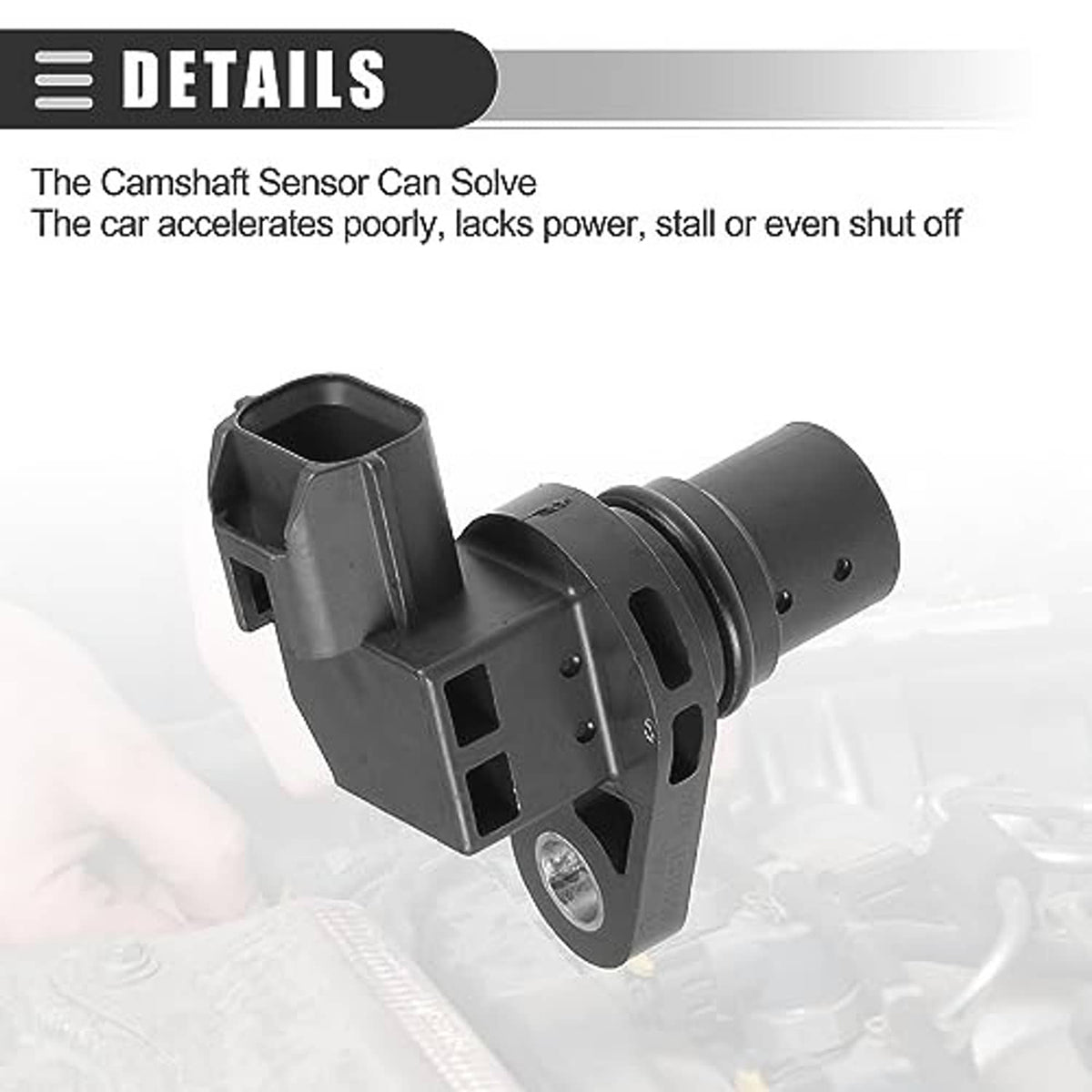 Camshaft position sensor with cylindrical tip and black electrical plug