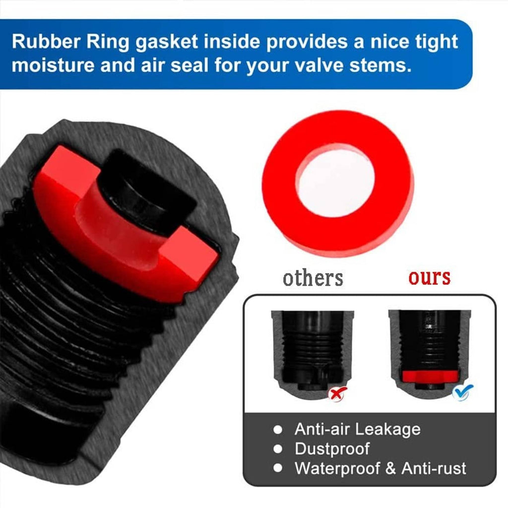 Black tire valve stem cap with red sealing ring gasket for tight moisture and air seal