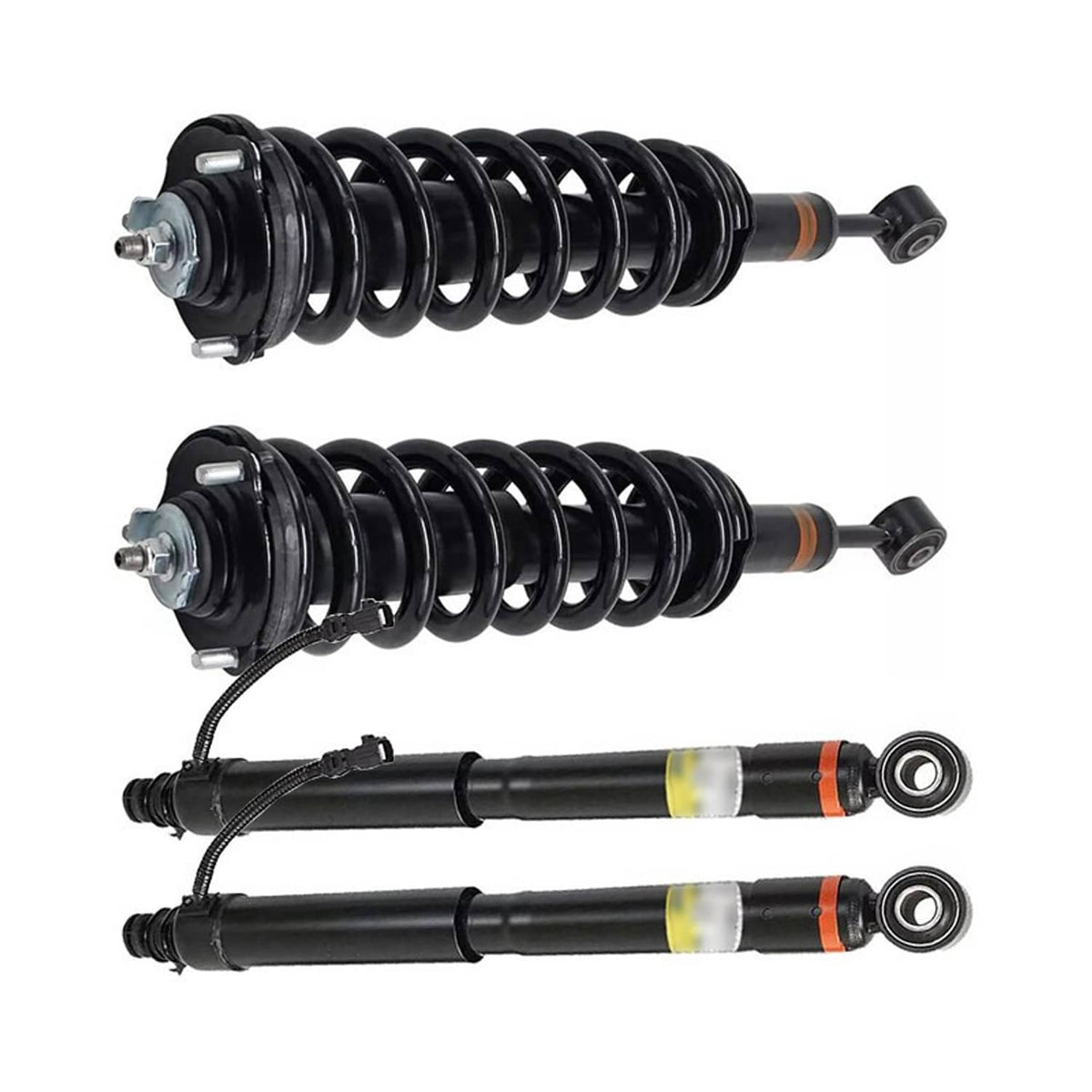 Set of four shock absorbers: two coil struts and two black struts with yellow bands