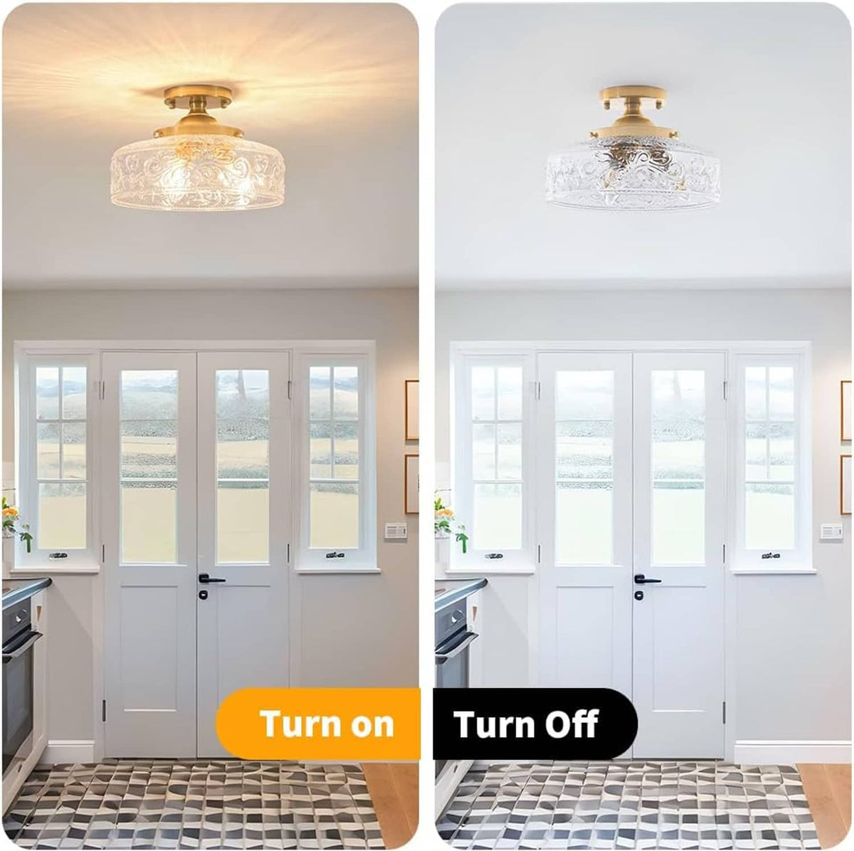 Semi-flush ceiling light with gold base and clear glass globe shade, turn on/off views