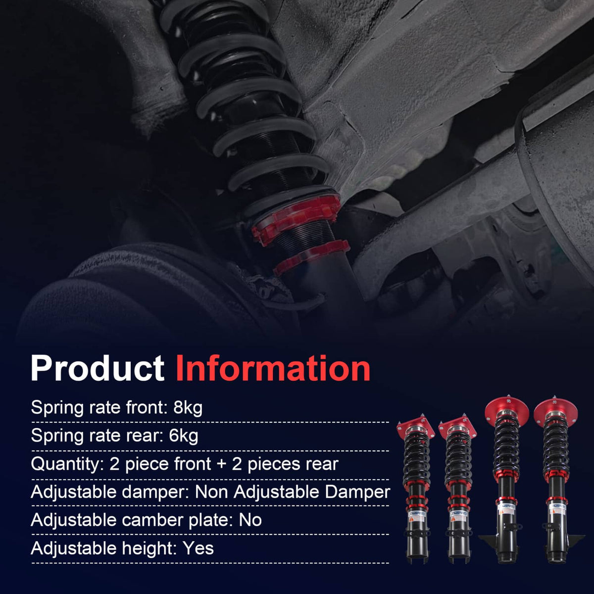 Set of red-ring black coilover shocks with springs and mounting plates