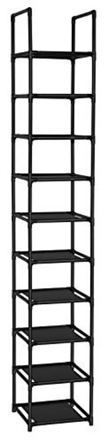 Black 10-tier vertical shoe rack with open shelves for single-pair storage