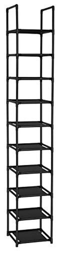 Black 10-tier vertical shoe rack with open shelves for single-pair storage