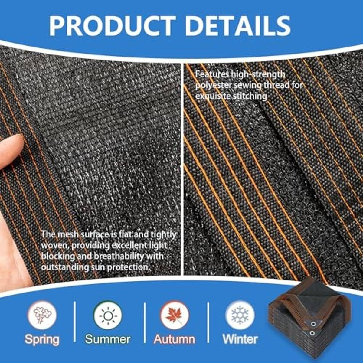 Black mesh shade cloth tarp close-up showing woven texture, seams, and stitched trim