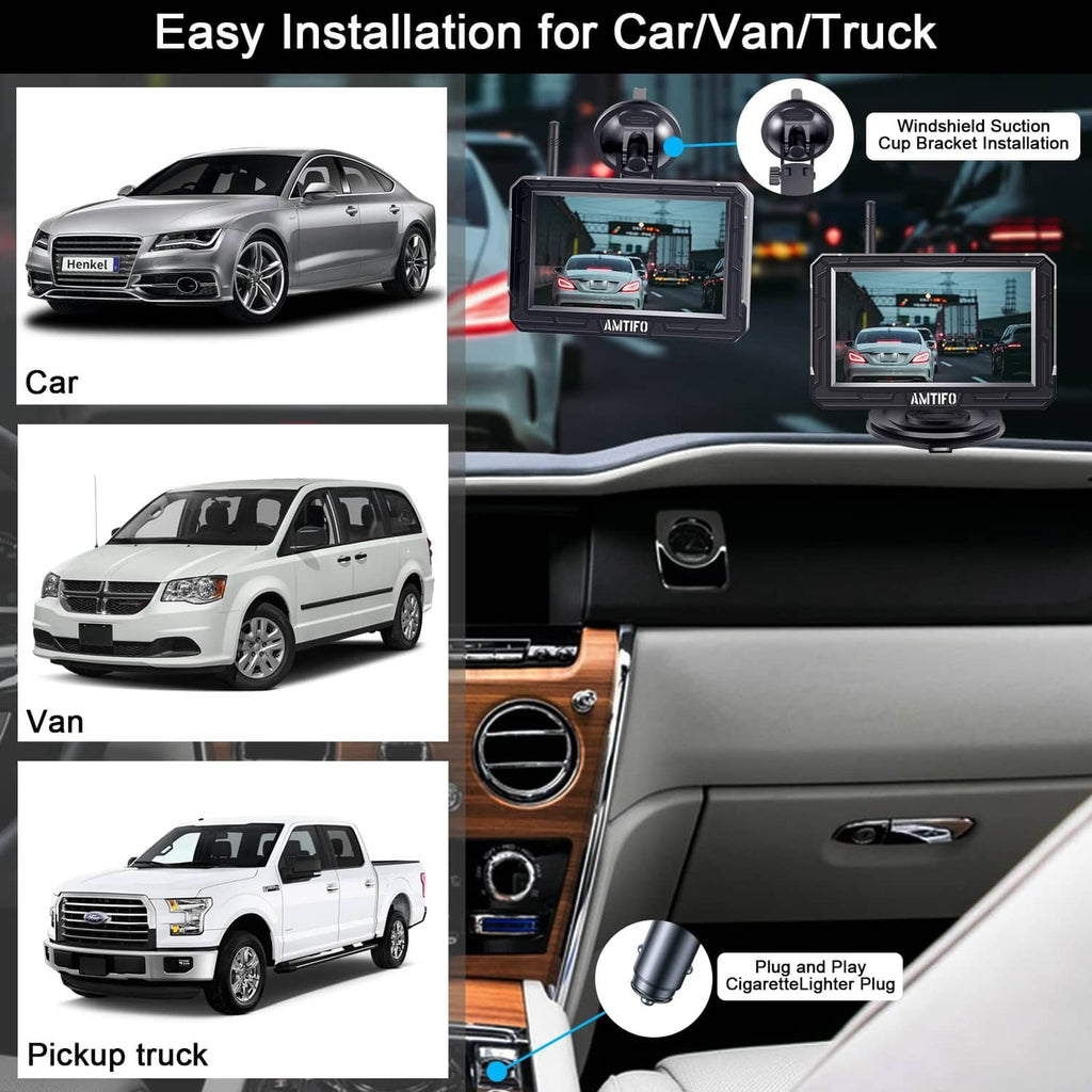 Wireless backup camera system installation examples for car, van, and pickup truck