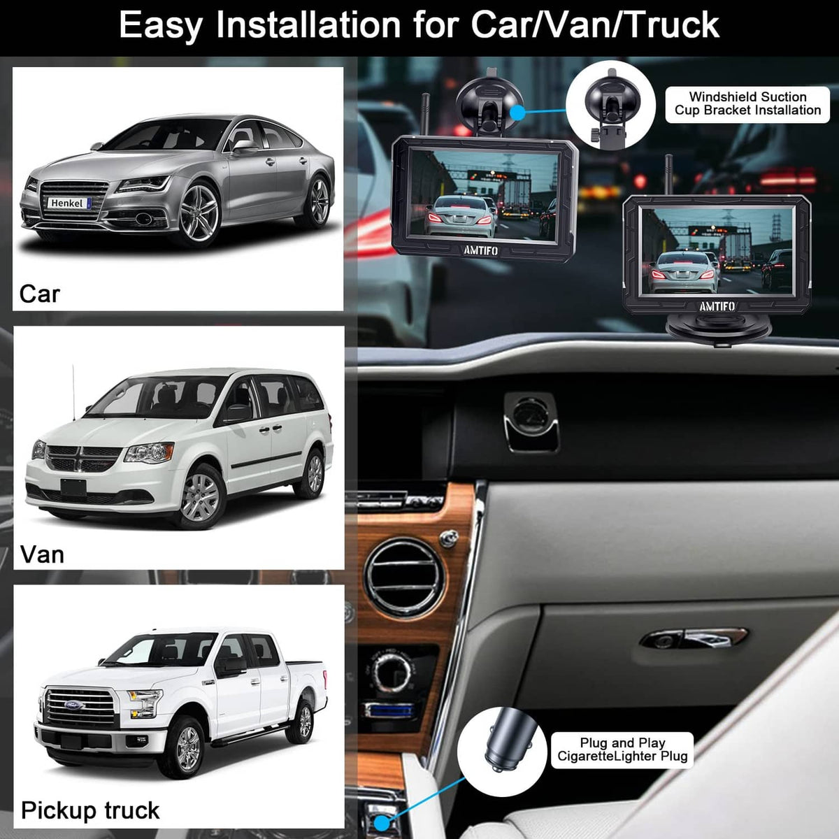 Wireless backup camera system installation examples for car, van, and pickup truck