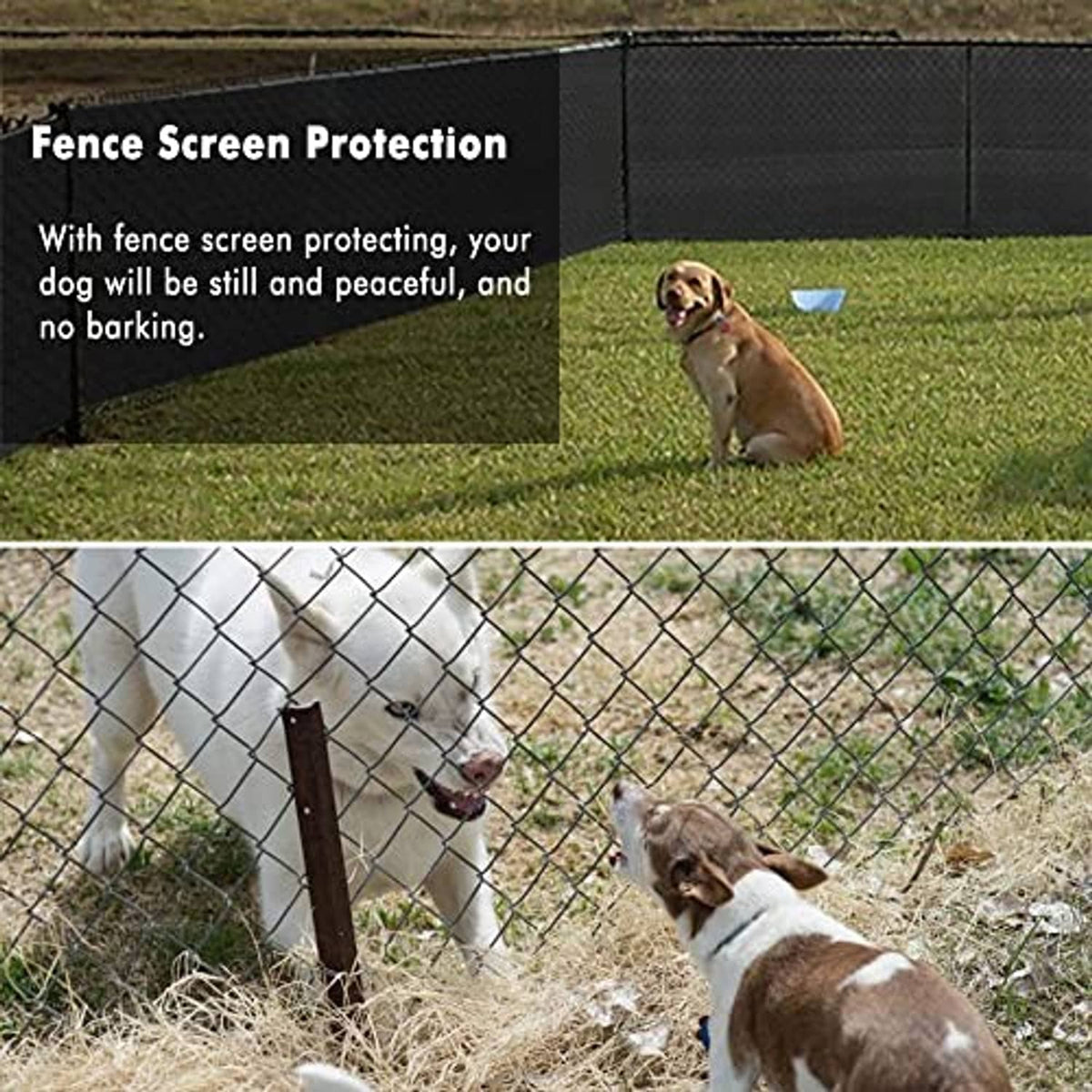 Black fence privacy screen with grommets, secured along a fence for pet coverage