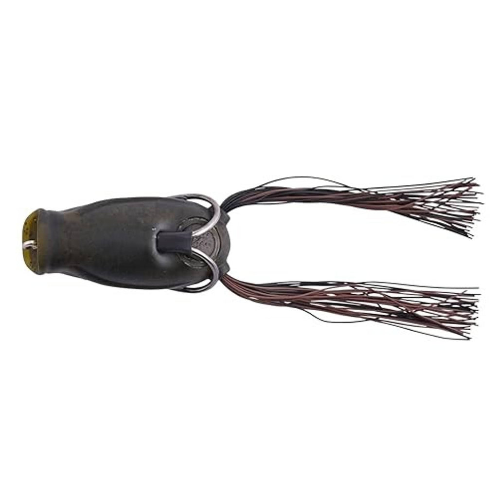Frog popping lure showing twin wire hooks and trailing skirt, dark camo body
