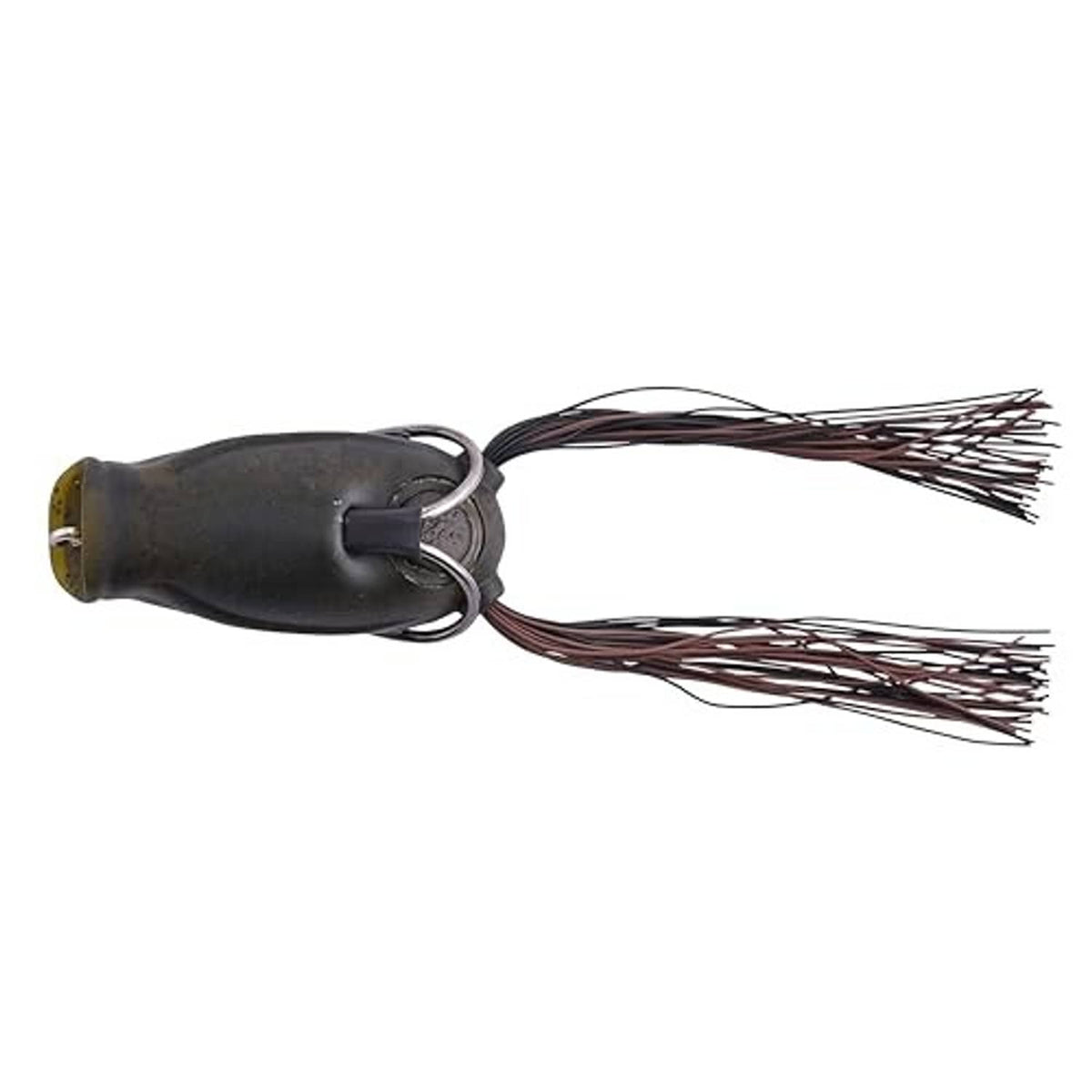 Frog popping lure showing twin wire hooks and trailing skirt, dark camo body