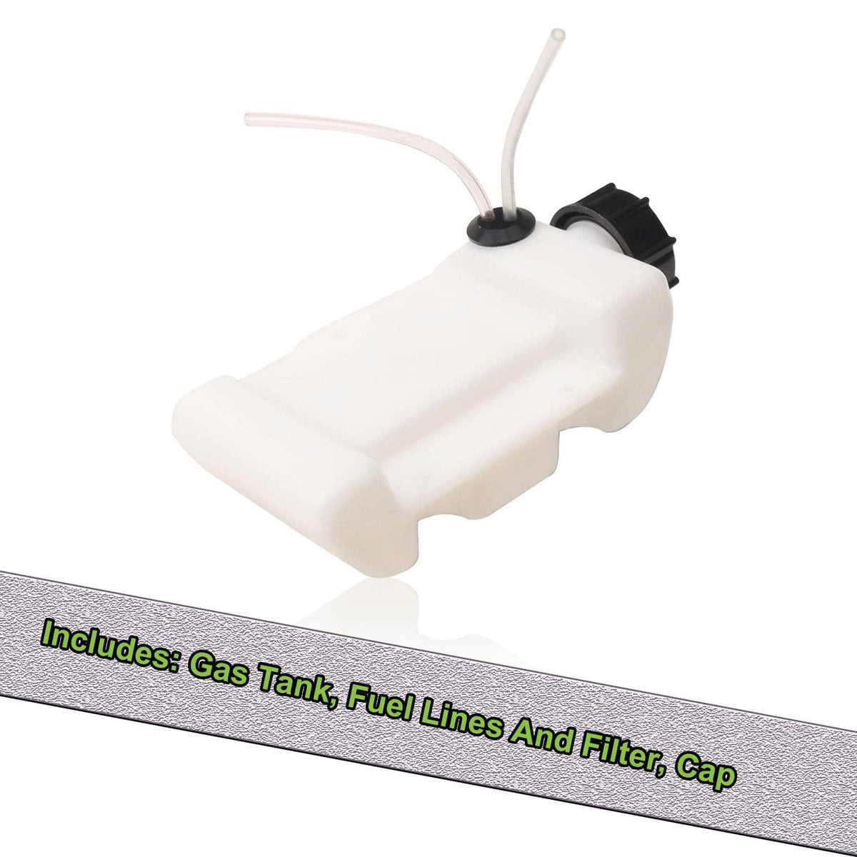 White fuel tank assembly with fuel cap, fuel lines, and inline filter included