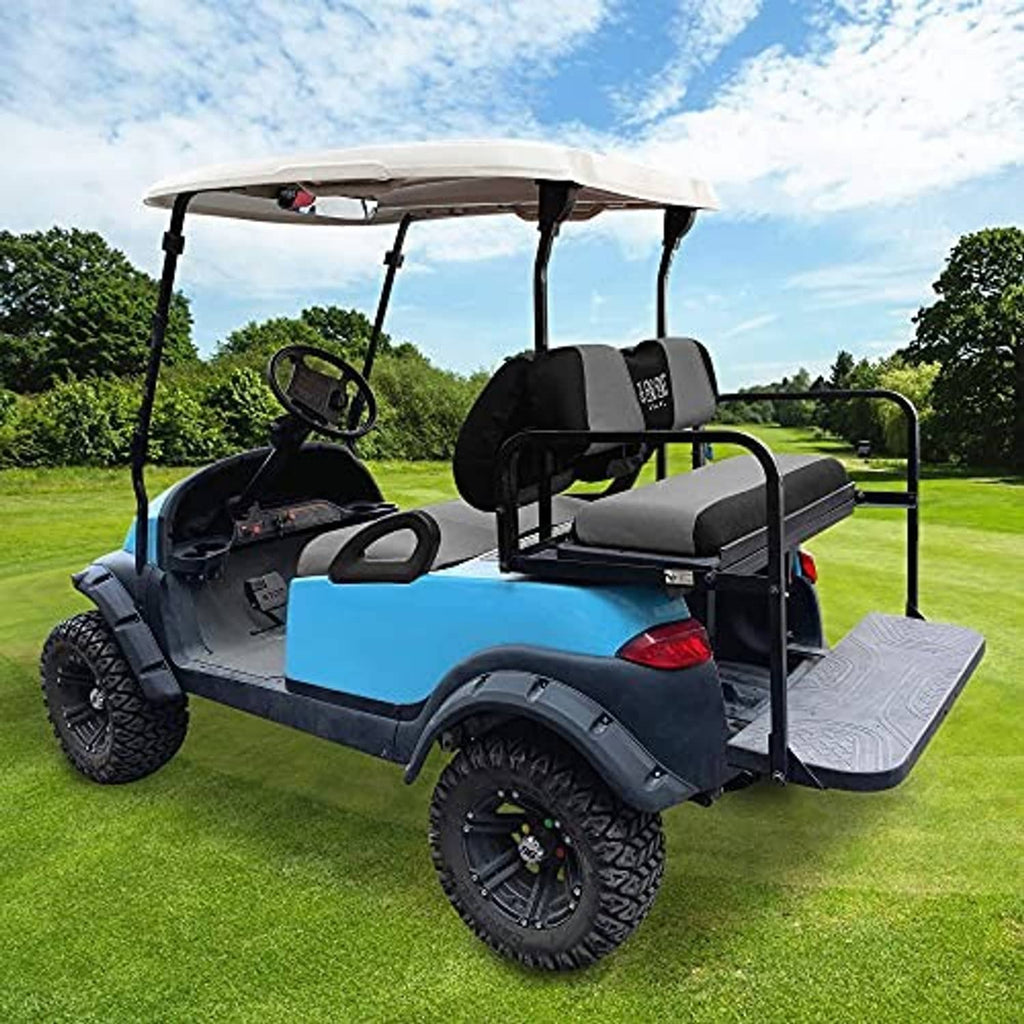Installed front and rear golf cart seat covers in grey and black with padded headrests