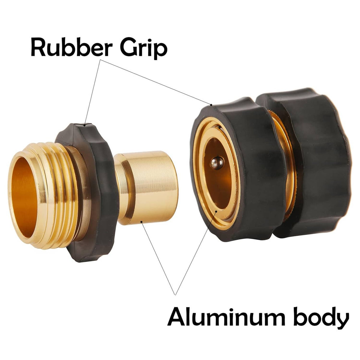 Hose quick-connect fitting with rubber grip and aluminum body, brass connector