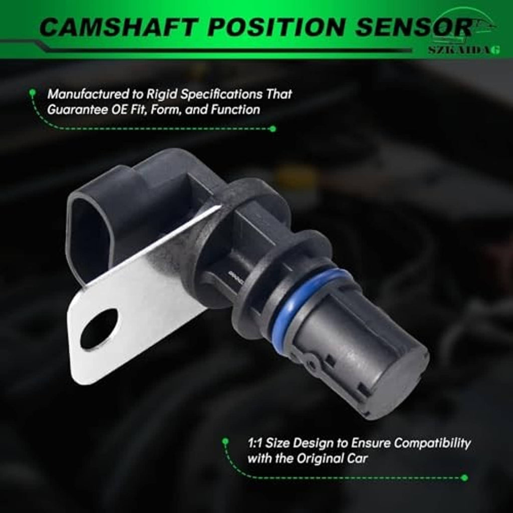 Camshaft position sensor with metal mounting tab and black electrical connector