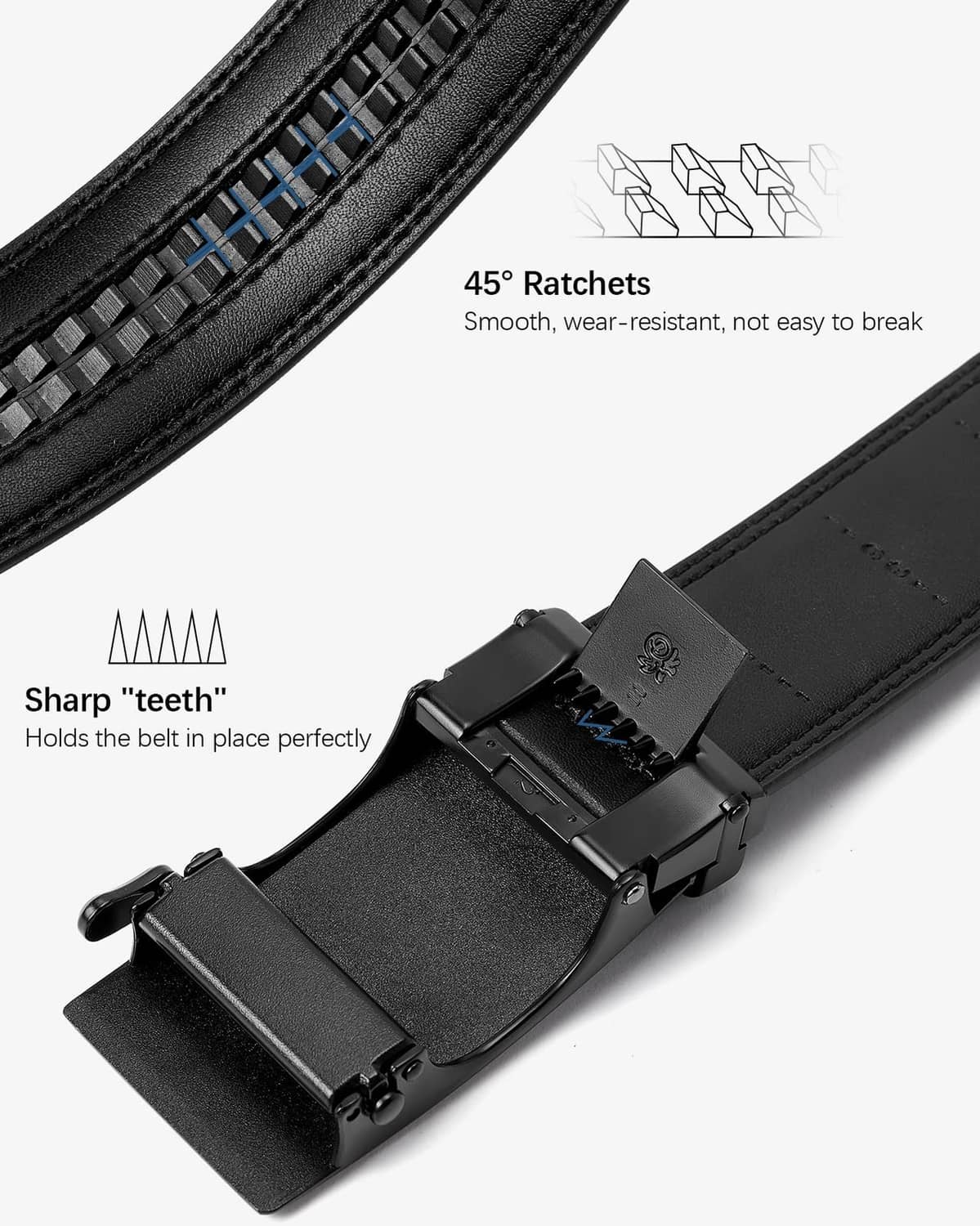 Black leather ratchet belt with snap-in teeth and sturdy rectangular buckle