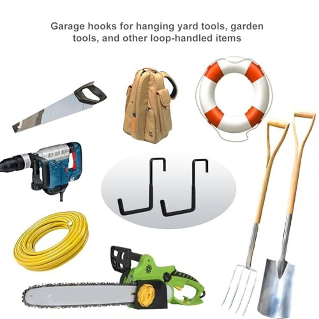 Two black garage hanging hooks with U-shaped design for loop-handled tools