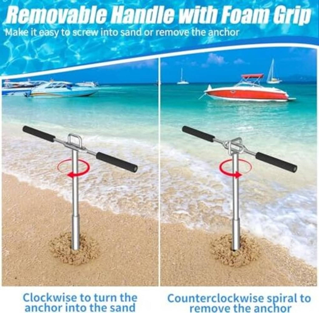 Sand anchor with removable handle and spiral auger for clockwise sand installation