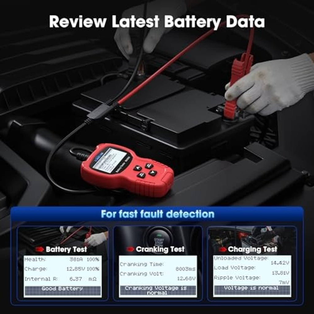 Red car battery tester on battery terminal with red/black test leads and gloved hand