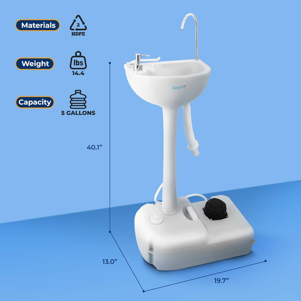 White portable hand wash sink station with dimensions shown, faucet and foot pump