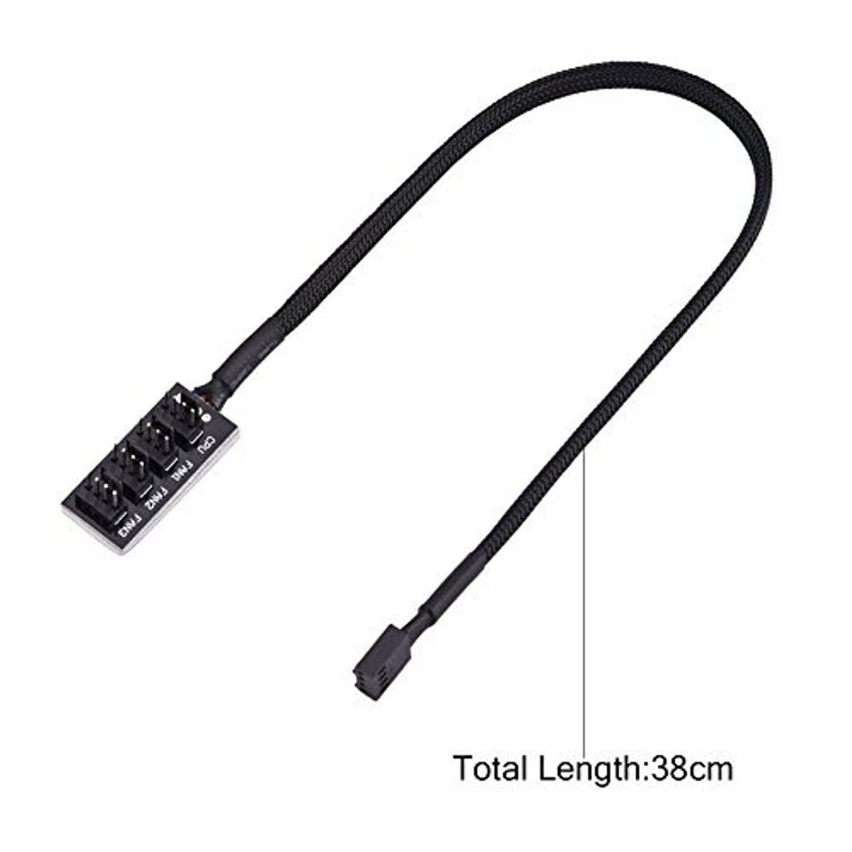 4-pin PWM fan hub adapter cable showing length marking and black connectors