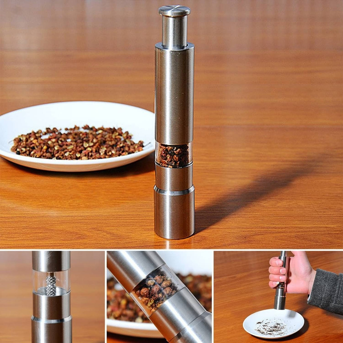 Stainless steel salt and pepper grinder on table near plate of peppercorns