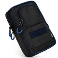 Black and blue golf ball pouch with zip pockets and carabiner clip, side hook strap