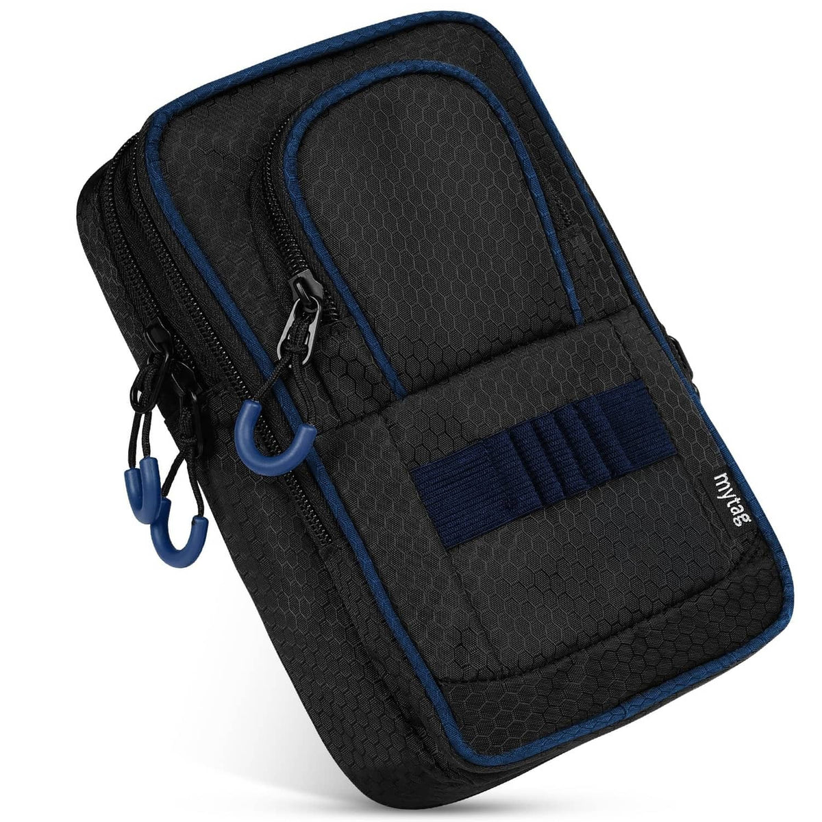 Black and blue golf ball pouch with zip pockets and carabiner clip, side hook strap